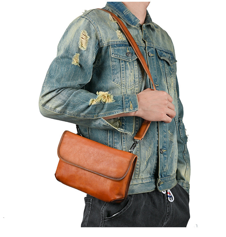 Men's Shoulder Bag Genuine Cowhide Leather Smartphone Pouch Retro Men's Crossbody Bag 