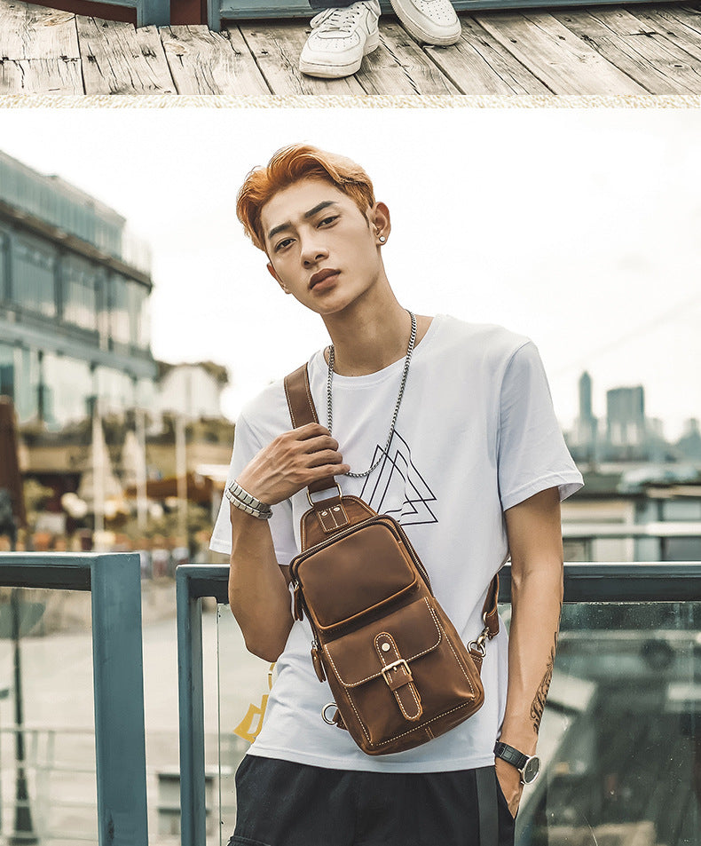 Men's Bust Bag Handmade Genuine Cowhide Leather Crazy Horse Retro Fashion Casual Crossbody Bag Shoulder Bag 