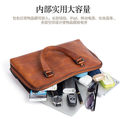 Men's Briefcase Genuine Cowhide Leather Retro Casual Men's Crossbody Bag Handbag 