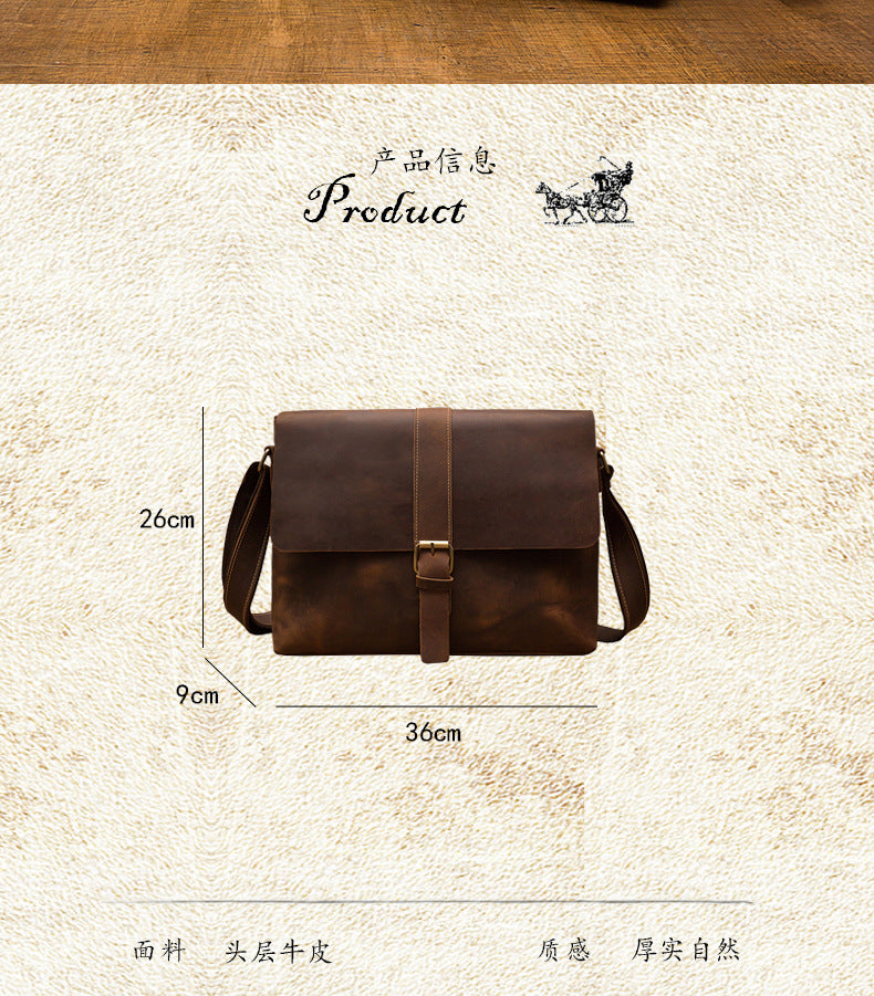 Men's Shoulder Bag Genuine Cowhide Leather Handmade Retro Large Capacity Fashion Crossbody Bag for Men 