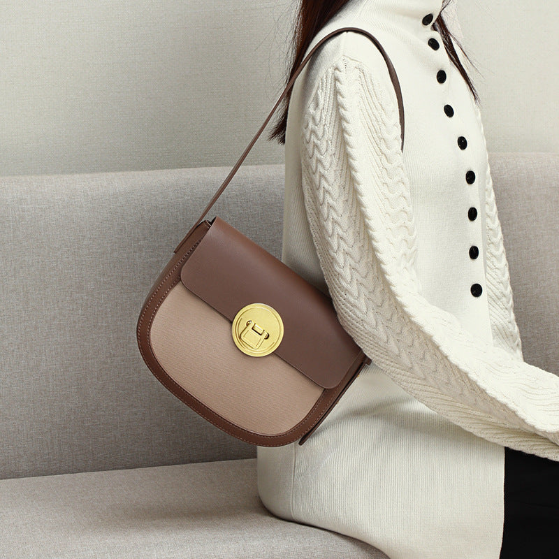 Crossbody Saddle Bag Fashion Luxury Underarm Bag Genuine Leather Women Color Matching Shoulder Bag.Pochette