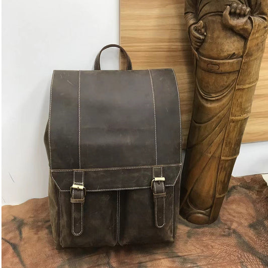 Men's Backpack Cowhide Genuine Leather Crazy Horse Retro Outdoor Unique Men's Travel Bag 