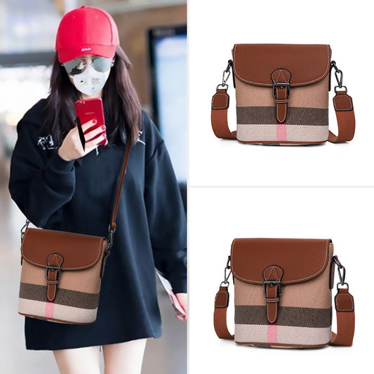 Genuine leather women's bag plaid leather bucket bag trend cowhide canvas bag trend shoulder bag. pochette