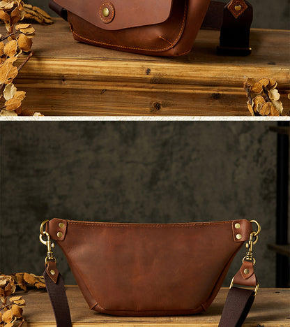 Men's Bust Bag Handmade Cowhide Genuine Leather Unique Waist Pouch Retro Casual Fashion Men's Crossbody Bag Shoulder Bag 