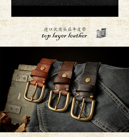 Men's Belt Genuine Cowhide Leather Handmade Copper Buckle Vintage Fashion Men's Belt