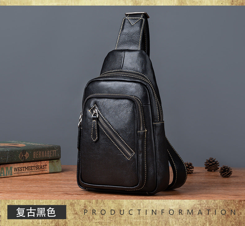 Men's Crossbody Bag Genuine Cowhide Leather Retro Casual Men's Bust Bag 