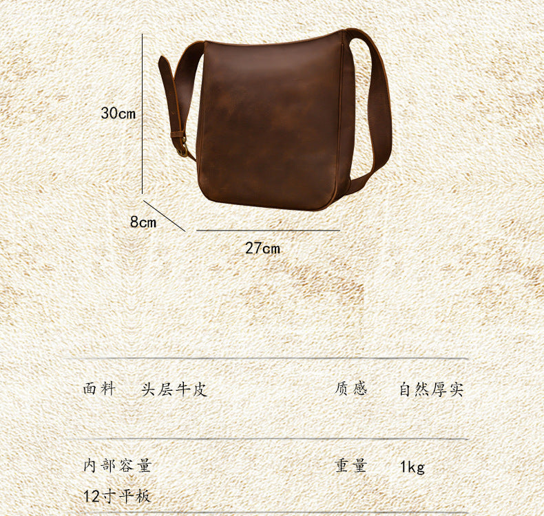 Men's Shoulder Bag Genuine Cow Leather Crazy Horse Handmade Unique Korean Fashion Casual Crossbody Bag 