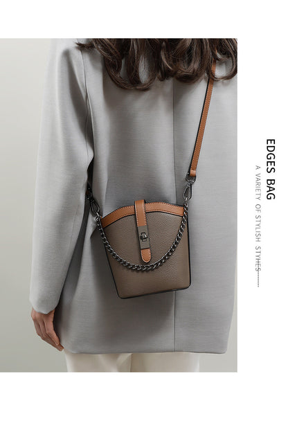 Crossbody bag Bucket bag Women's bag Genuine leather chain bag Color matching retro shoulder bag. Pochette