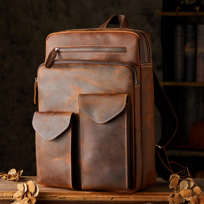 Men's Backpack Genuine Cowhide Leather Crazy Horse Handmade Original Travel Bag Retro Casual Men's Bag 