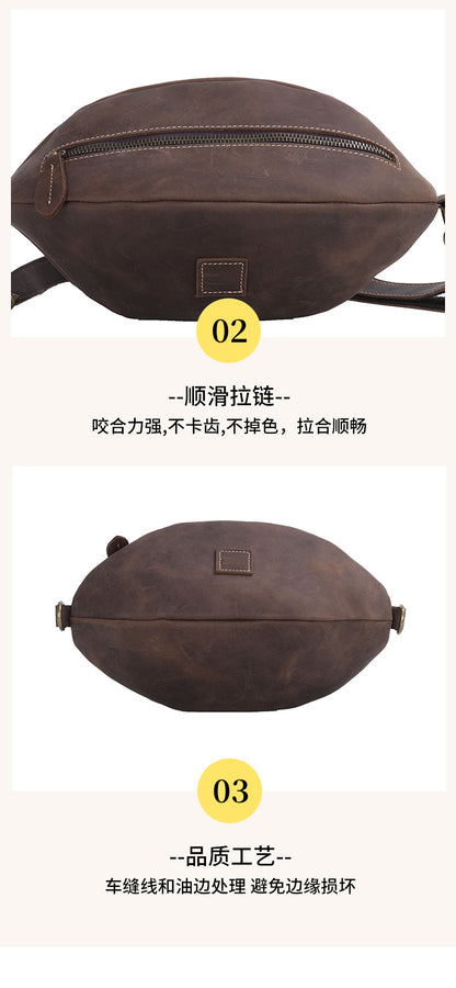 Men's Bust Bag Cowhide Crazy Horse Retro Casual Fashion Shoulder Bag Men's Crossbody Bag Waist Pouch 