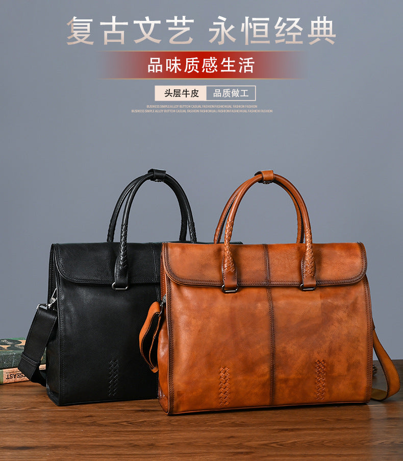 Men's briefcase genuine cowhide leather simple fashion retro casual business men's handbag computer bag 