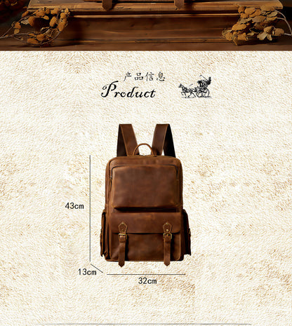 Men's Backpack Handmade Cowhide Genuine Leather Retro Crazy Horse Large Capacity Travel Bag Men's Computer Bag 