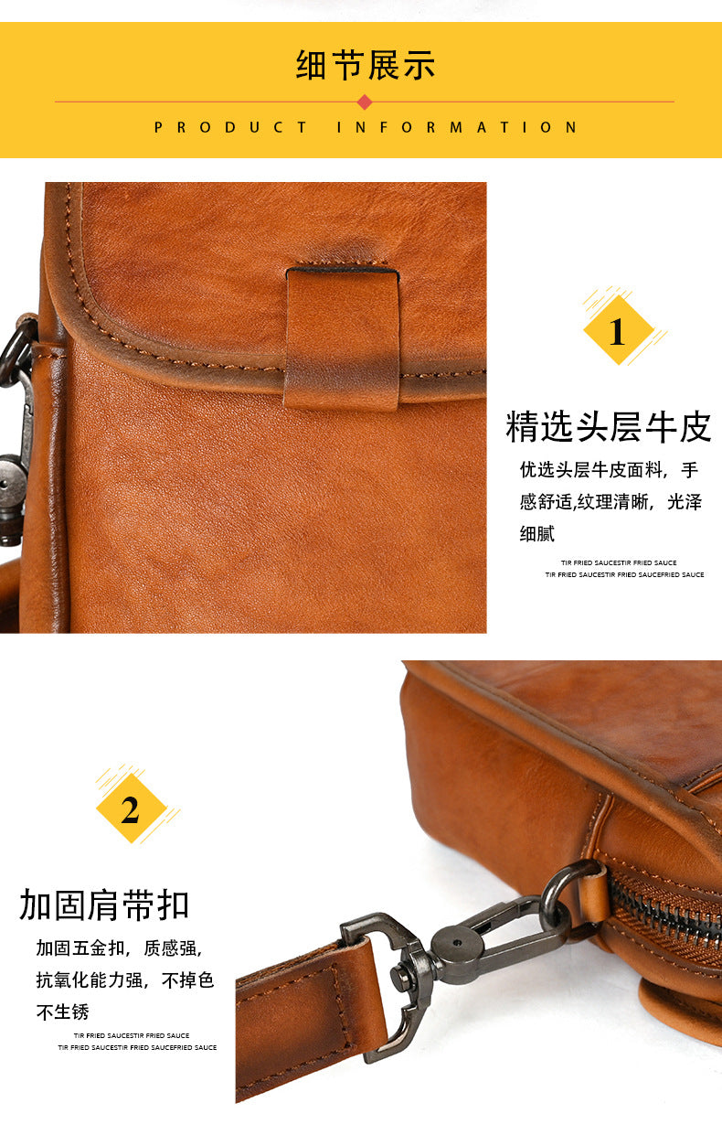 Men's Shoulder Bag Genuine Cowhide Leather Retro Casual Travel Bag Men Crossbody Bag Smartphone Pouch 