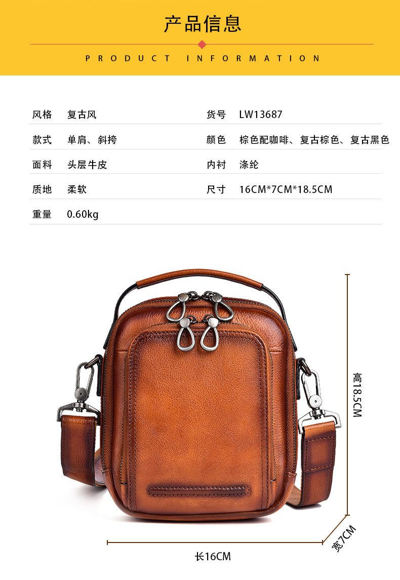 Men's Shoulder Bag Genuine Cowhide Leather Retro Casual Crossbody Bag for Men 