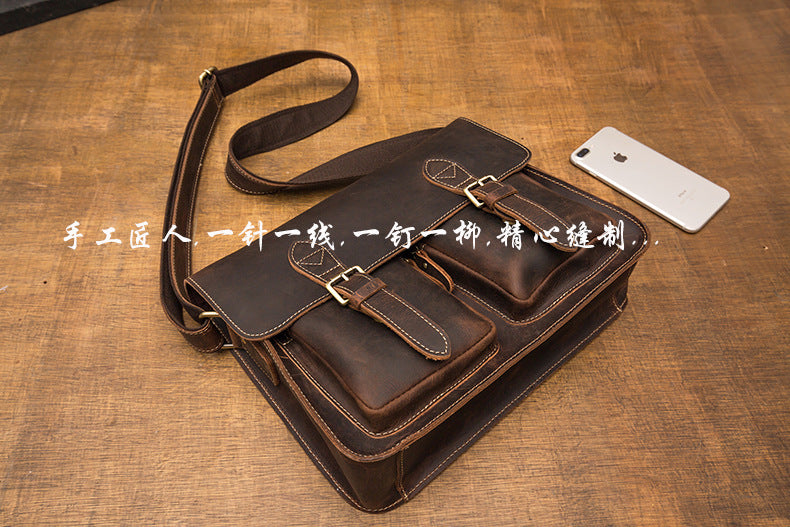 Men's Shoulder Bag Cow Leather Crazy Horse Handmade Retro Fashion Crossbody Bag 