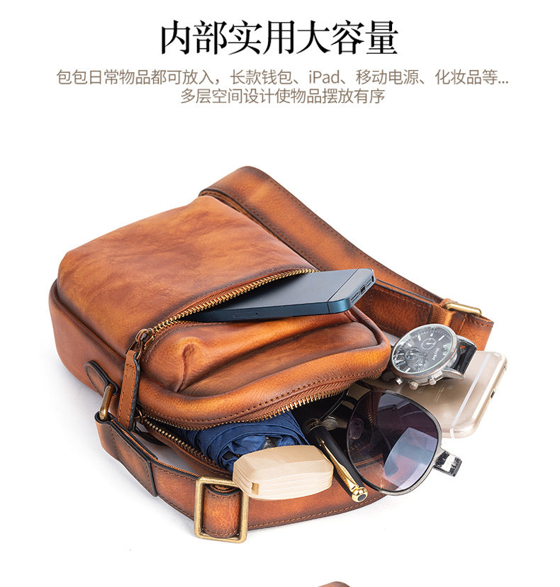 Men's Shoulder Bag Genuine Cowhide Leather Retro Casual Crossbody Bag for Men 