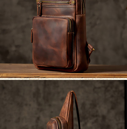 Men's Bust Bag Genuine Cowhide Leather Handmade Vintage Casual Large Capacity Men's Shoulder Bag Crossbody Bag 