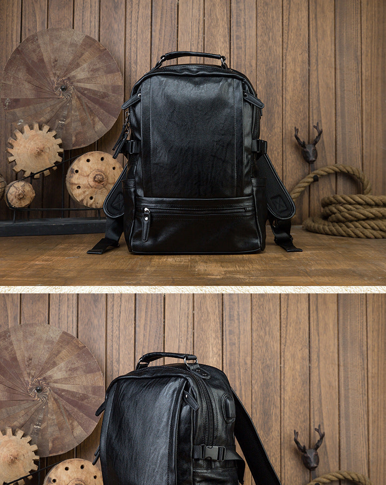 Men's rucksack cowhide genuine leather original handmade Korean fashion personality USB charging bag for men 