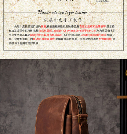 Men's Shoulder Bag Handmade Quality Genuine Cowhide Leather Crazy Horse Retro Unique Casual Fashion Crossbody Bag for Men 