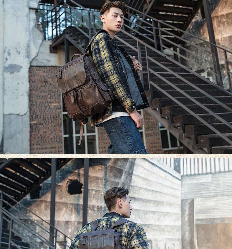 Men's backpack original design handmade cowhide genuine leather Korean fashion casual individuality school style bag for men 