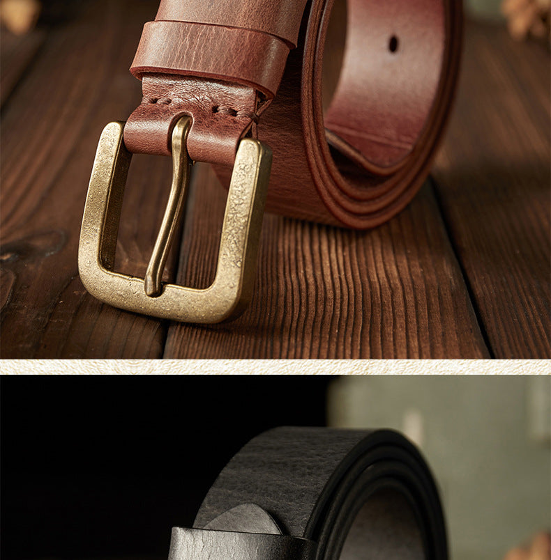 Men's belt handmade original retro cowhide genuine leather needle buckle casual simple copper buckle belt for men 