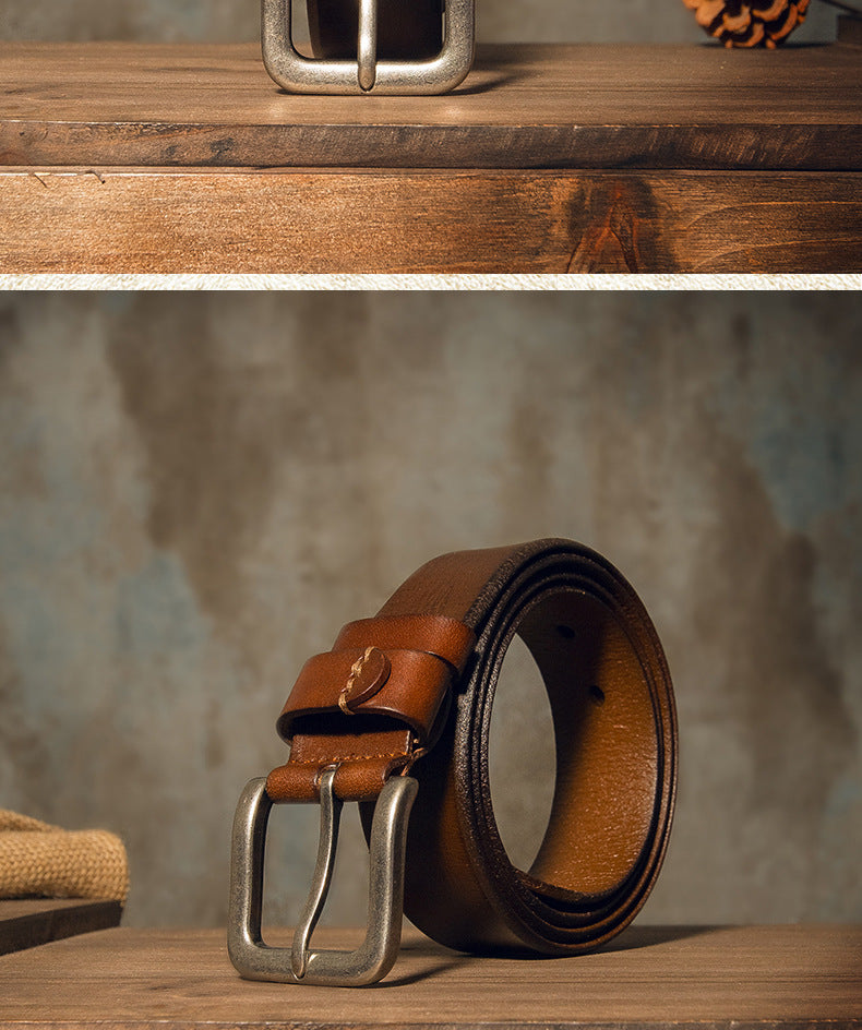 Men's Belt Genuine Cowhide Leather Handmade Needle Buckle Simple Casual Vintage Fashion Men's Belt 