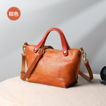 Women's bag Genuine leather retro bucket bag Handbag Large capacity Simple Shoulder bag that goes with anything. Pochette