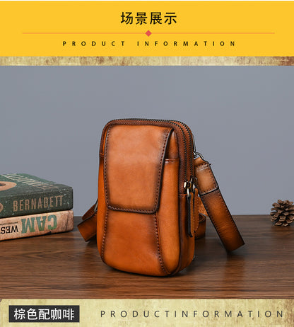 Men's Shoulder Bag Smartphone Pouch Cowhide Genuine Leather Retro Casual Crossbody Bag for Men 