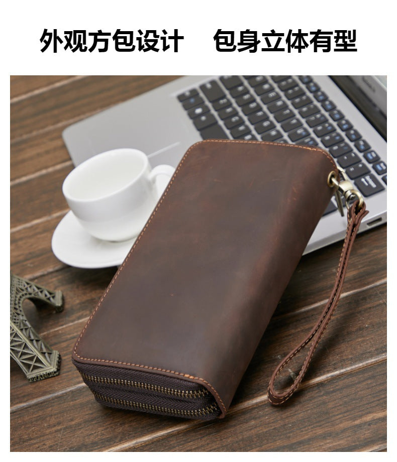 Men's Wallet Cowhide Large Capacity Double Zipper Business Clutch Bag Men's Wallet 