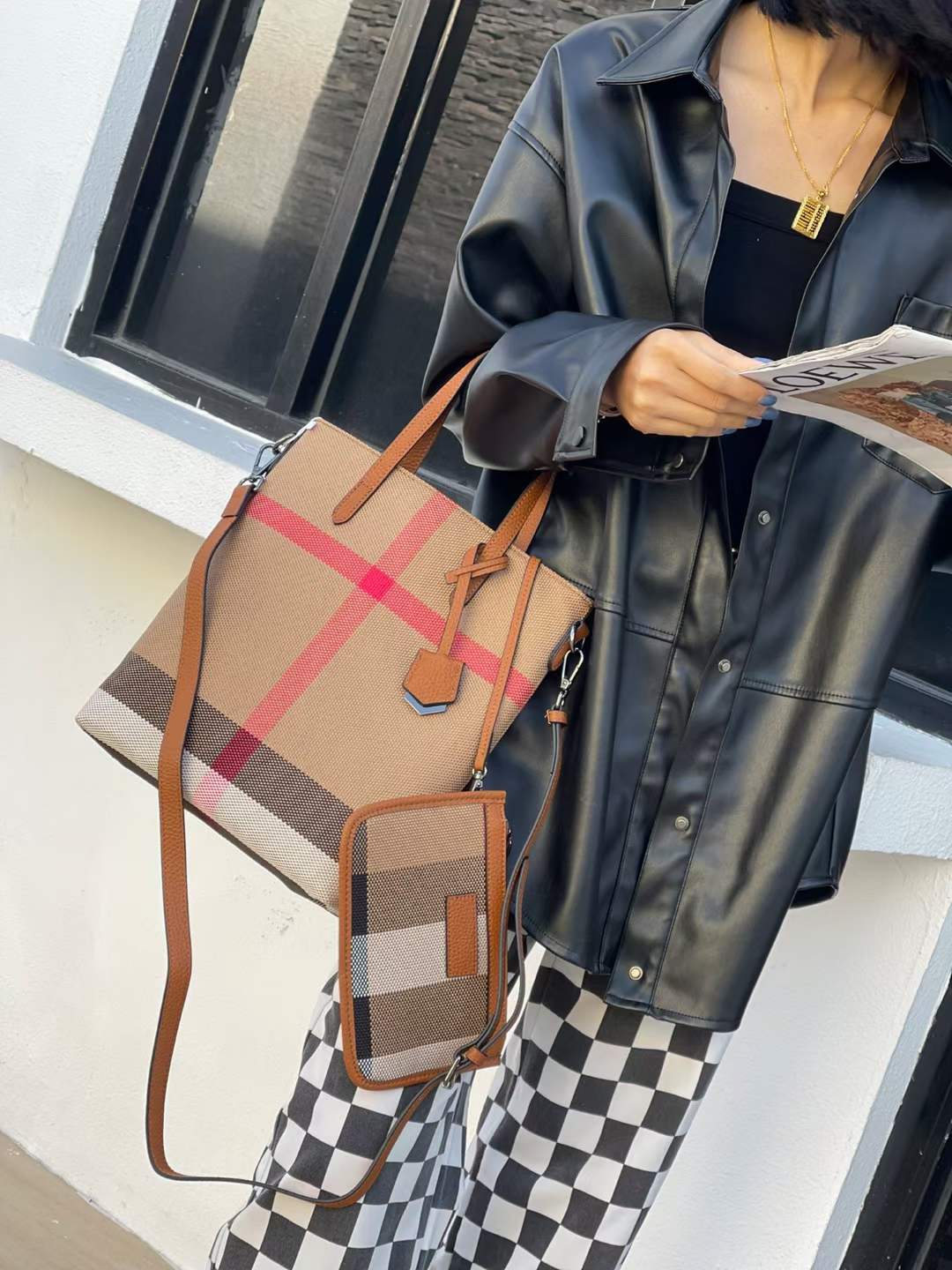 Ladies plaid canvas bag handbag parent-child bag fashionable trend vertical bucket bag shoulder bag high quality