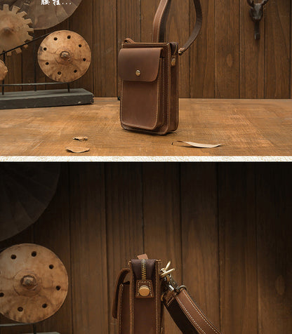 Men's Shoulder Bag Handmade Genuine Cowhide Leather Crazy Horse Men's Crossbody Bag Smartphone Pouch Waist Pouch 