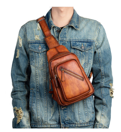 Men's Crossbody Bag Genuine Cowhide Leather Retro Casual Men's Bust Bag 