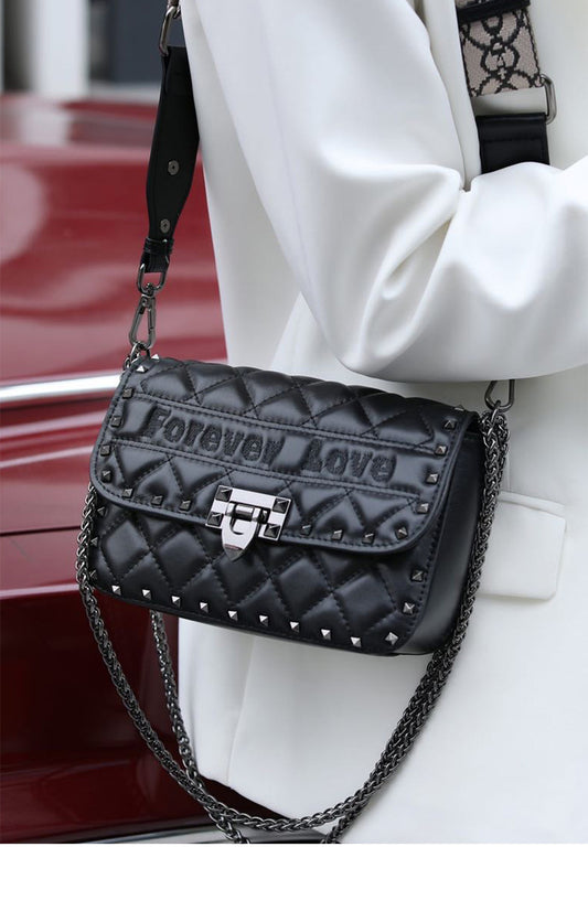 Ladies Bag Fashion Genuine Leather Chain Bag Rivet Single Broadband Square Bag Trend Shoulder Bag.Pochette