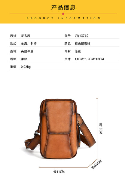 Men's Shoulder Bag Smartphone Pouch Cowhide Genuine Leather Retro Casual Crossbody Bag for Men 