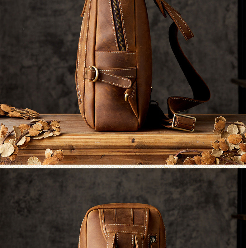 Men's Bust Bag Handmade Genuine Cowhide Leather Retro Fashion Outdoor Casual Crossbody Bag for Men