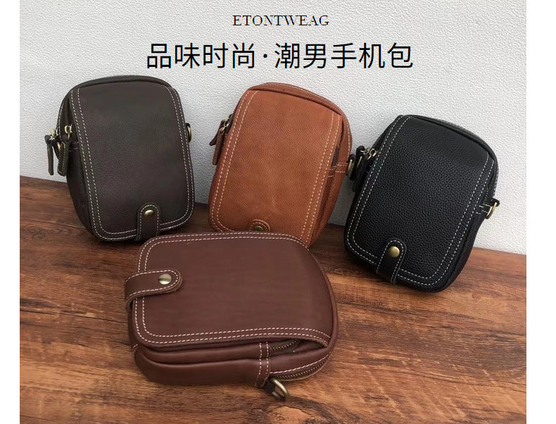 Men's Shoulder Bag Genuine Cowhide Leather Korean Fashion Simple Retro Smartphone Pouch Crossbody Bag for Men 