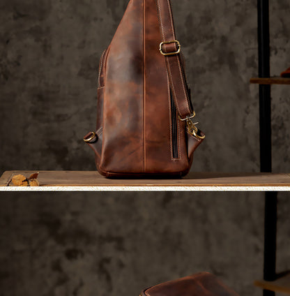 Men's Bust Bag Genuine Cowhide Leather Handmade Vintage Casual Large Capacity Men's Shoulder Bag Crossbody Bag 