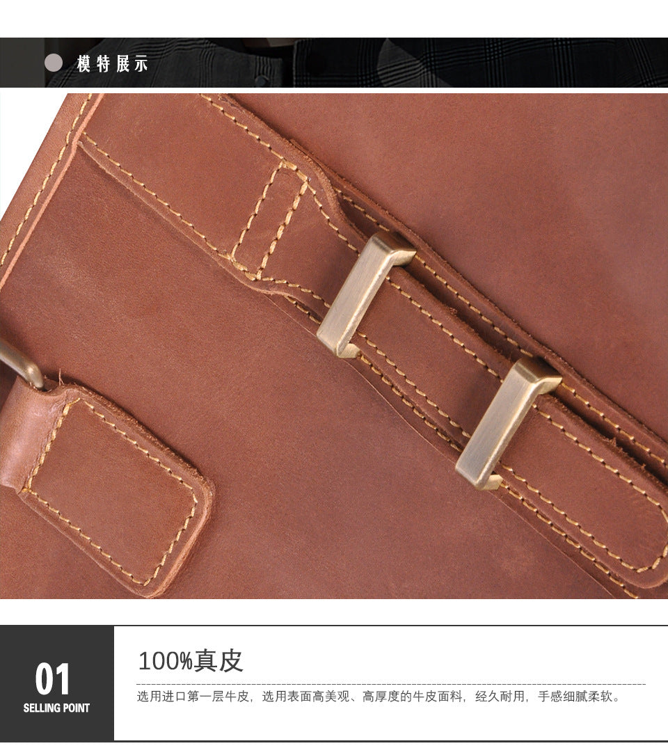 Men's Briefcase Shoulder Bag Retro Business Handbag Cowhide Genuine Leather Men Computer Bag 