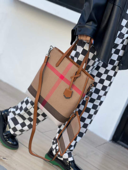 Ladies plaid canvas bag handbag parent-child bag fashionable trend vertical bucket bag shoulder bag high quality