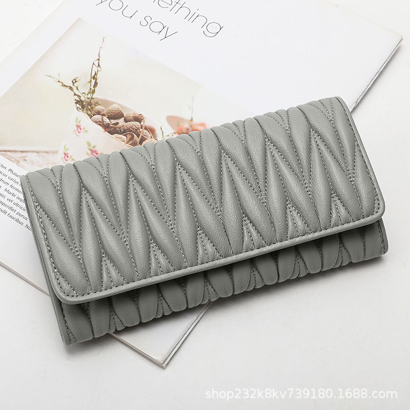 Women's Wallet Sheep Leather Clutch Bag Pleated Genuine Leather Long Wallet Fashion Wallet Women's Wallet