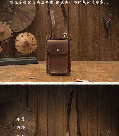 Men's Shoulder Bag Handmade Genuine Cowhide Leather Crazy Horse Men's Crossbody Bag Smartphone Pouch Waist Pouch 