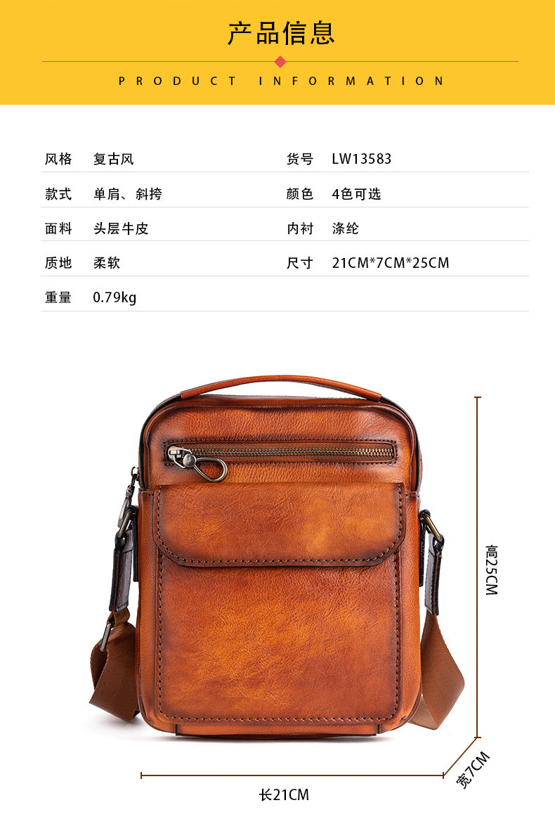 Men's Shoulder Bag Genuine Cowhide Leather Retro Casual Men's Crossbody Bag Handbag 