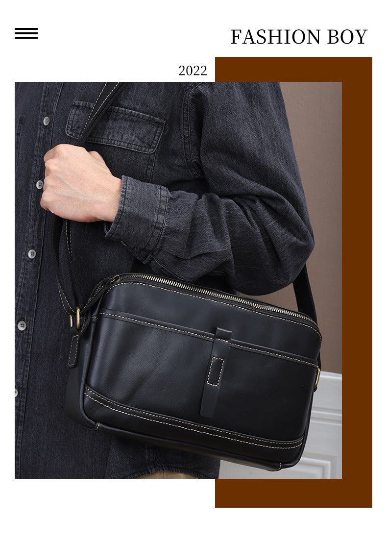 Men's Shoulder Bag Genuine Cowhide Leather Retro Fashion Commuter Crossbody Bag for Men 