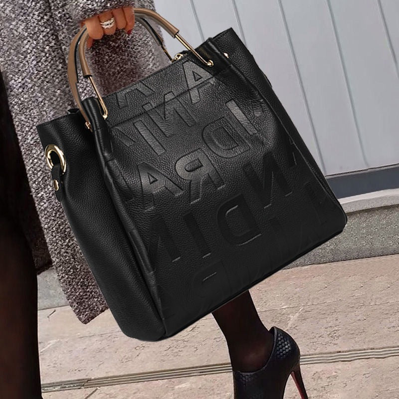 Genuine leather ladies bag large capacity bucket bag shaped mother print shoulder bag handbag temperament elegant handbag.bag