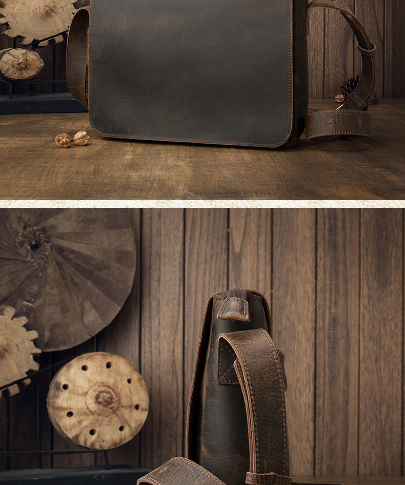 Men's Messenger Bag Handmade Genuine Cowhide Leather Crazy Horse Retro Casual Shoulder Bag Crossbody Computer Bag 