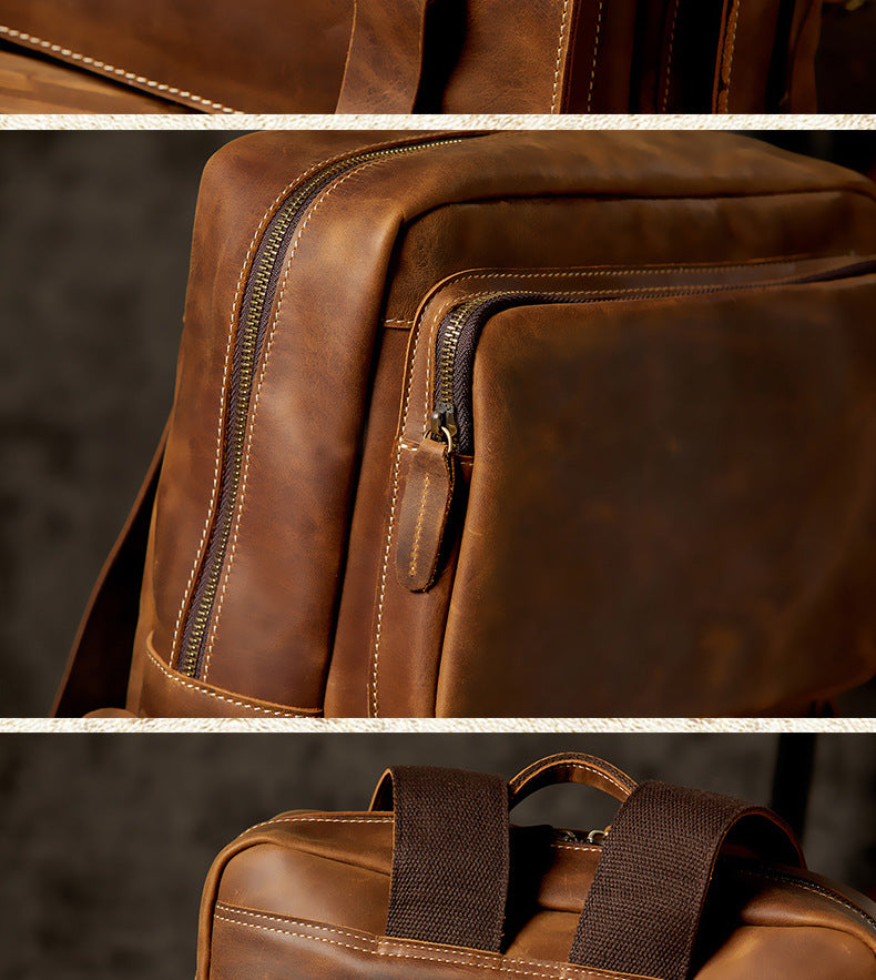 Men's Backpack Handmade Cowhide Genuine Leather Retro Crazy Horse Large Capacity Travel Bag Men's Computer Bag 