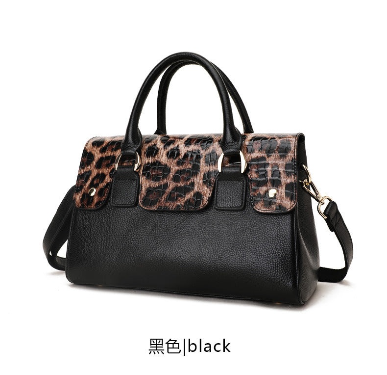 Genuine leather leopard print women's bag Boston bag large capacity handbag cowhide fashion shoulder bag. Pochette