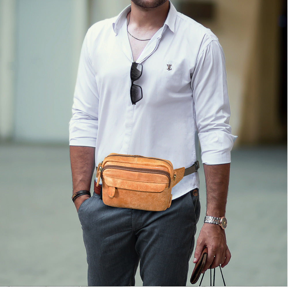 Men's Waist Pouch Cowhide Genuine Leather Simple Fashion Retro Outdoor Men's Bust Bag Shoulder Bag 