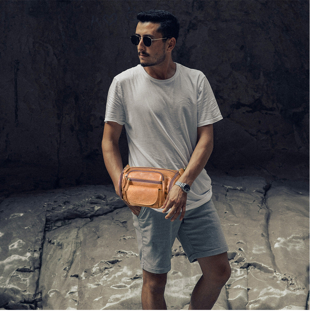 Men's waist pouch cowhide genuine leather fashion retro outdoor bust bag for men 