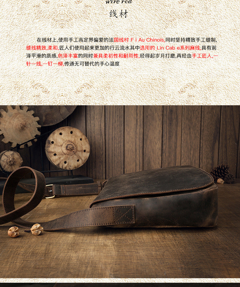 Men's Messenger Bag Handmade Genuine Cowhide Leather Crazy Horse Retro Casual Shoulder Bag Crossbody Computer Bag 